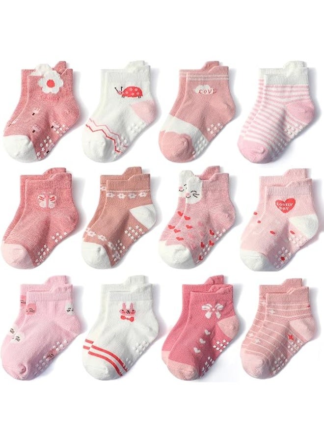 Toddler Socks with Grips, 12 Pairs Kids Non-Slip Grippers Baby Boys Girls House Socks for Age 0-7 - Image 2